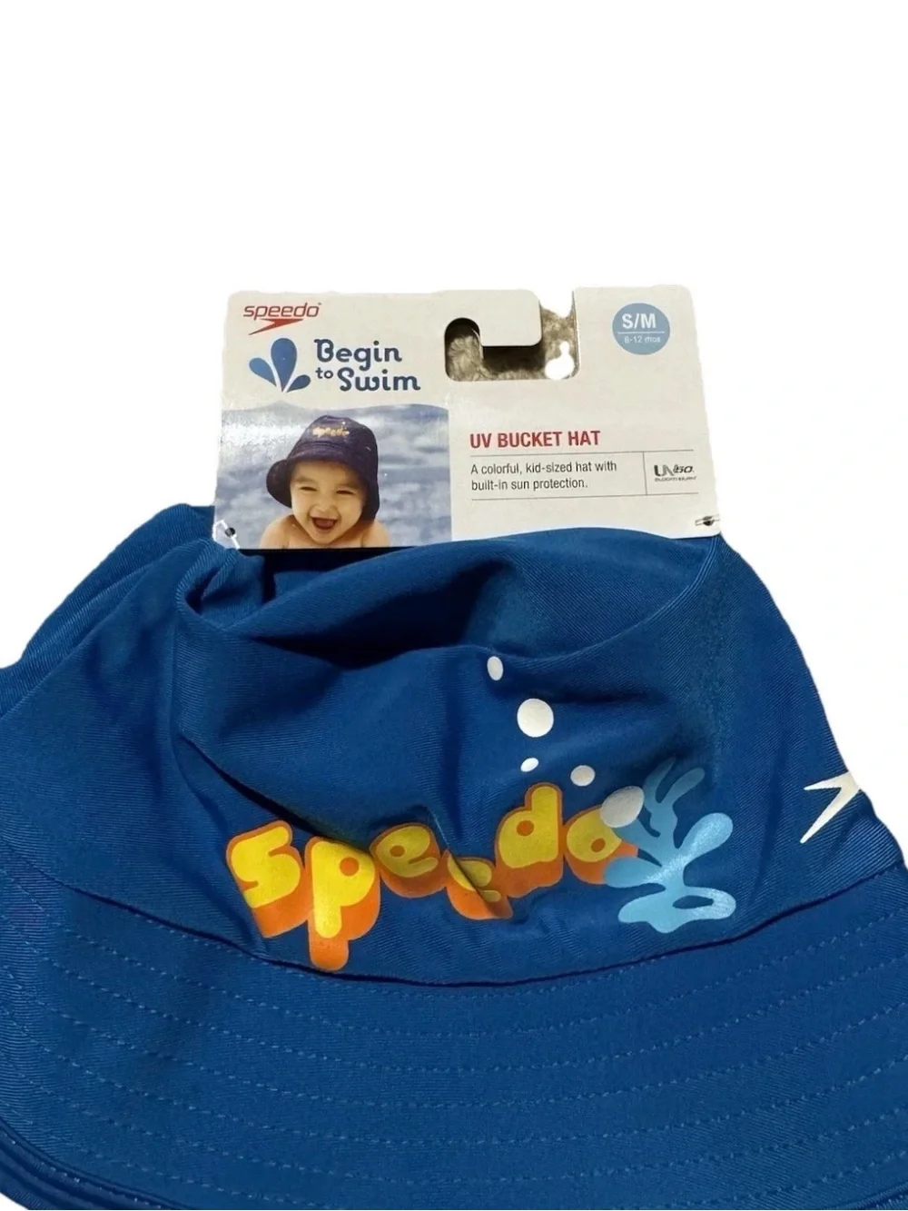 Speedo Begin Swim UV50 Bucket Hat Infant S/M 6-12 Months Blue With Orange NWT